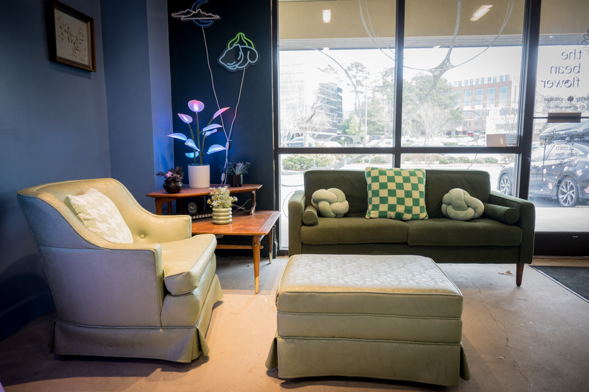 the main sitting area at the cafe and tea house the bean flower in durham, north carolina